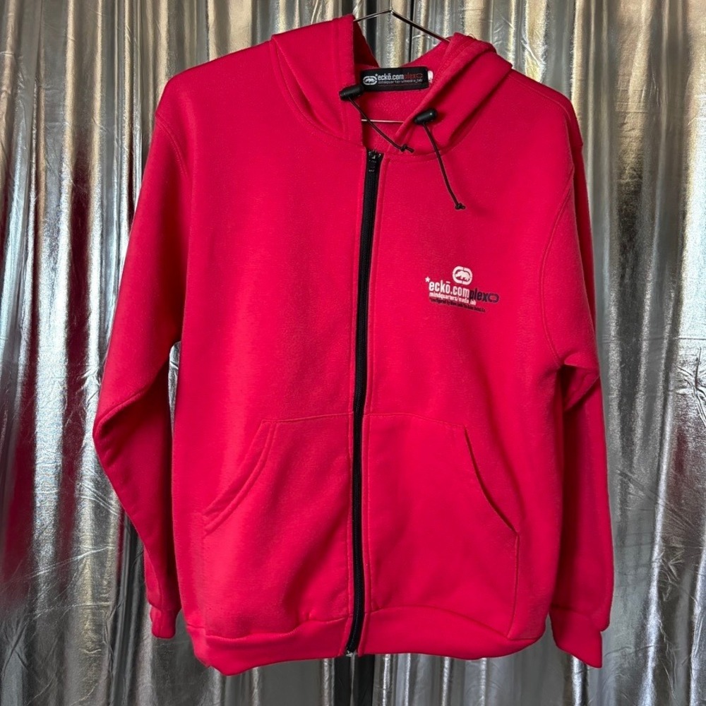 Ecko Unltd Red Zip Up Hoodie Big Rhino Logo Back Y2K